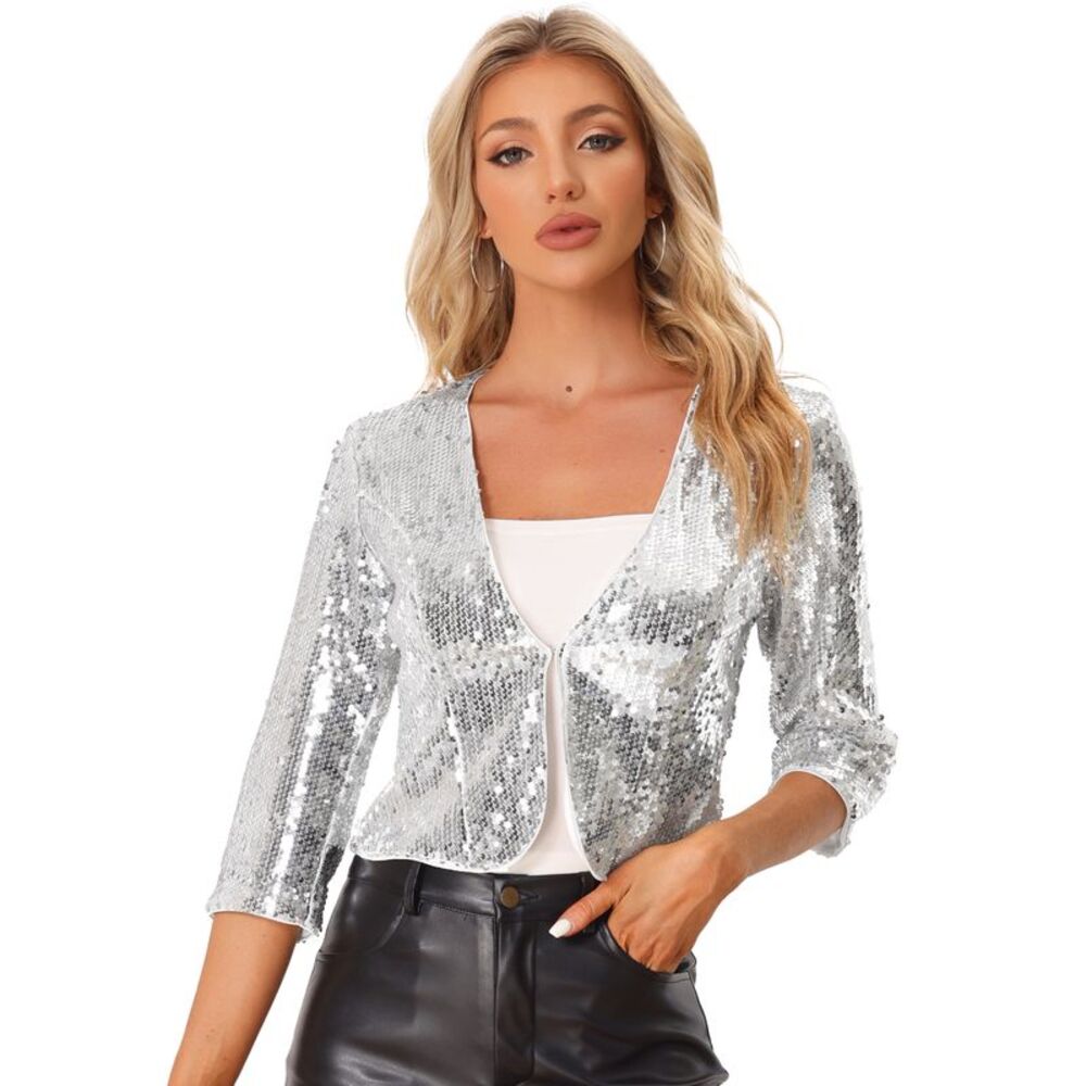 Sequin Jacket 3/4 Sleeve Open Front Party Shiny Glitter Shrug Blazer Silver